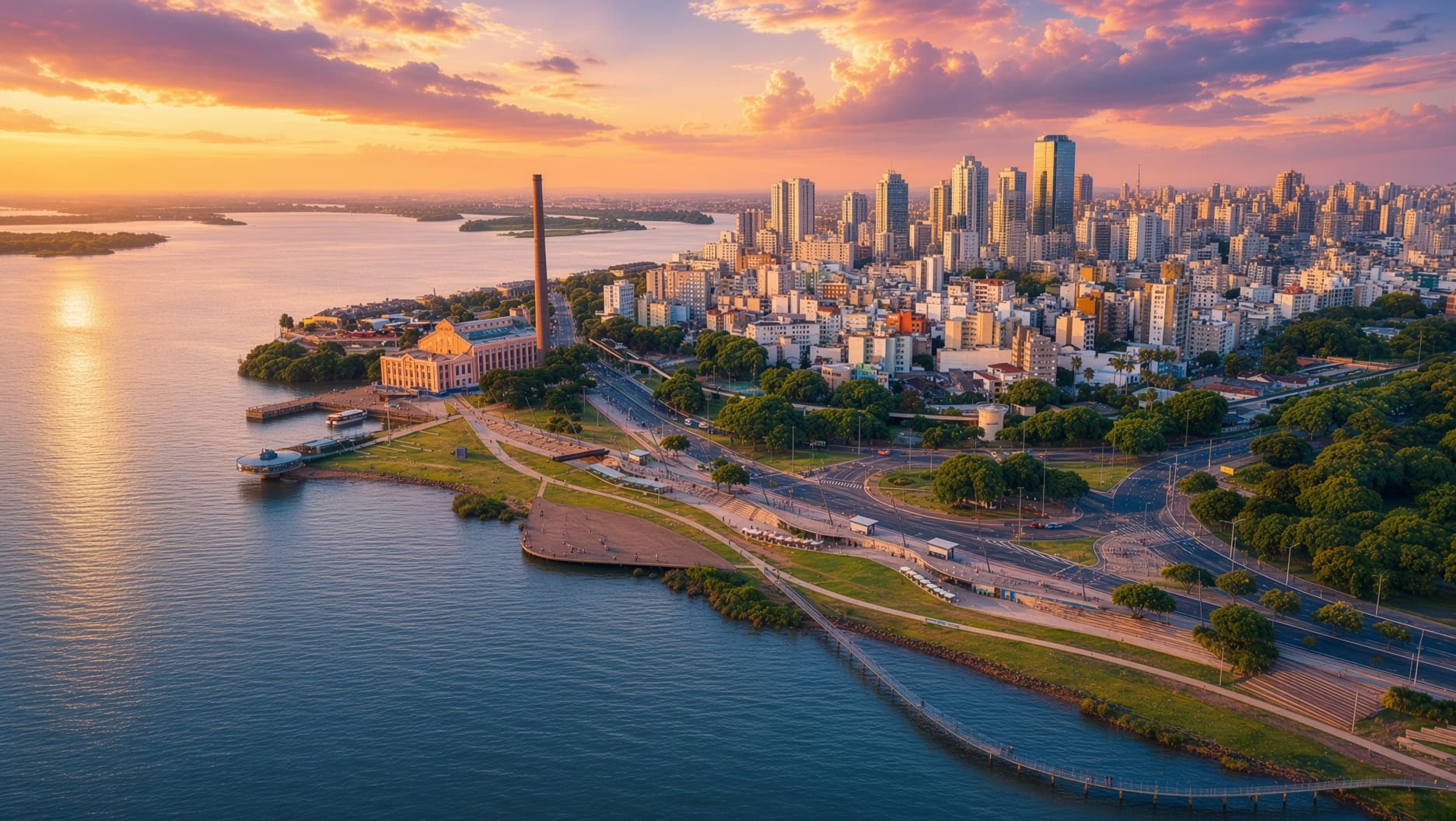 Sunset over the Guaiba and the Gasometro in Porto Alegre